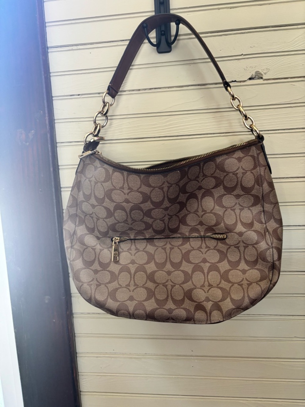 Coach Brown Signature Jacquard Shoulder Bag with Gold Accents - Picture 2 of 5